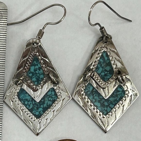 Jewelry - Vintage Silver Alpaca Mexican Long Blue Crushed Stone Inlay Long Earrings